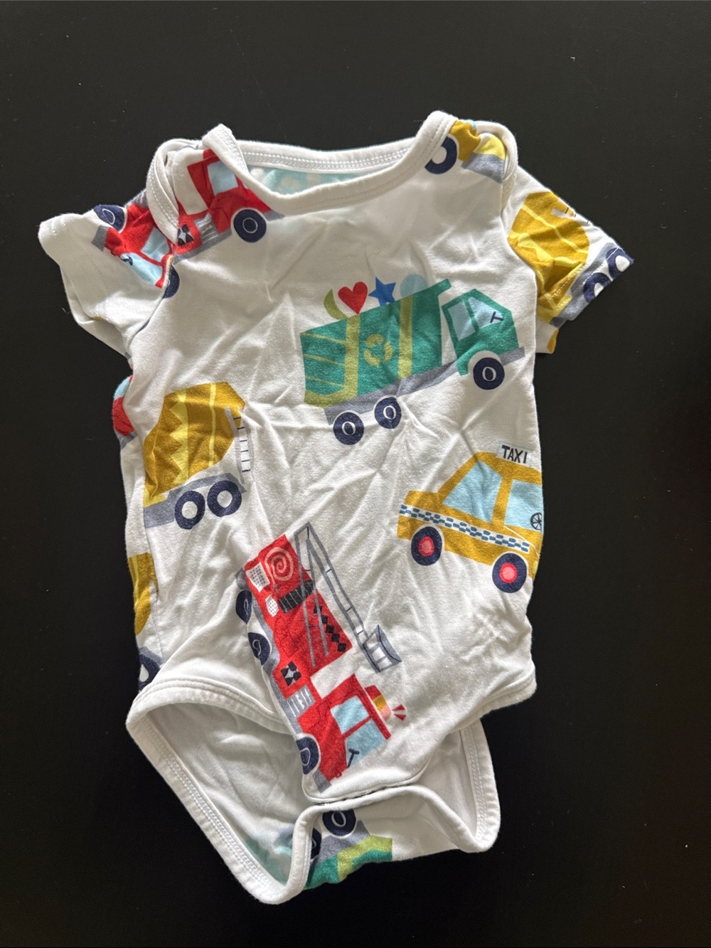 Little Sleepies White Onesie with Red, Yellow, Green, Blue Vehicle Prints
